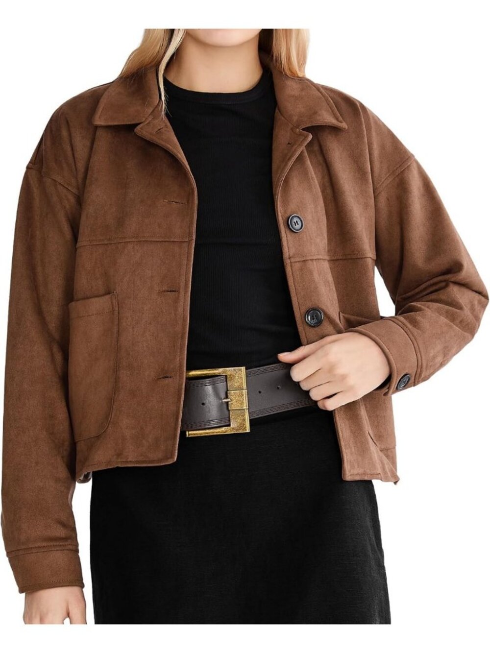 Faux Suede Relaxed Fit Cropped Jacket for Women with Pockets - Stylish & Cozy